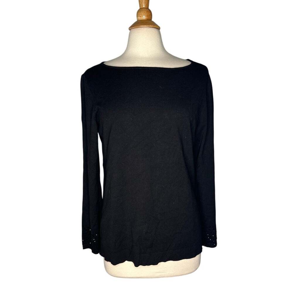 Chicos Lightweight Black Boat Neck Sweater with Bedazzled Sleeve Detail GG3